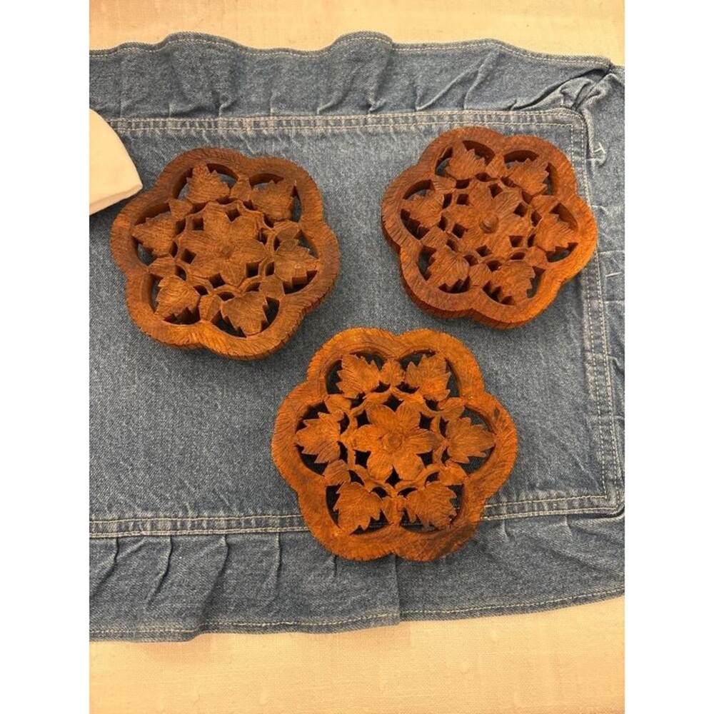 Vintage Boho Cottagecore Wood Hand Carved Trivets Coasters